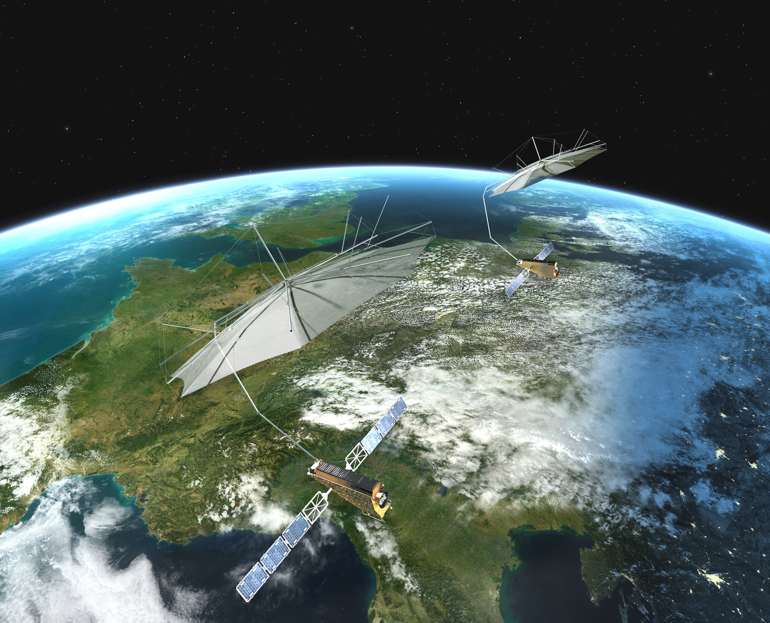 Die Tandem-L-Satelliten mit großen entfaltbaren Reflektorantennen im Formationsflug