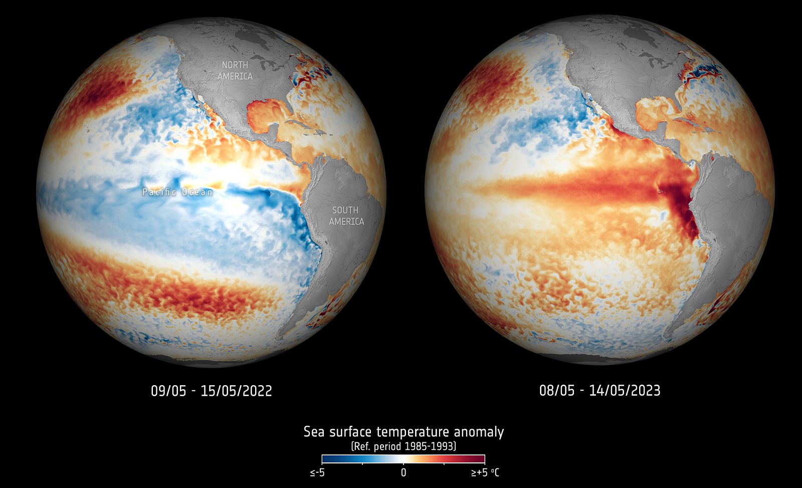  Anomalien der Meeresoberflächentemperaturen Mai 2022 vs Mai 2023